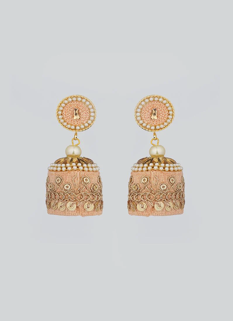 Peach Threadwork Jhumki Earrings with Pearls - Image 2