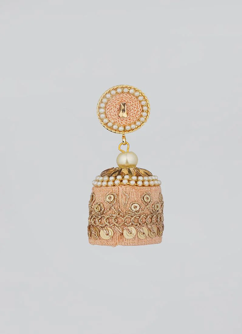 Peach Threadwork Jhumki Earrings with Pearls - Image 3