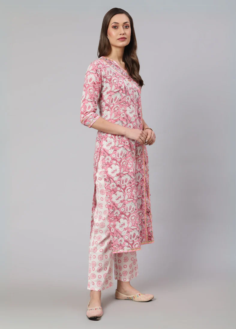 Pink Cotton Printed Suit Set - Image 2