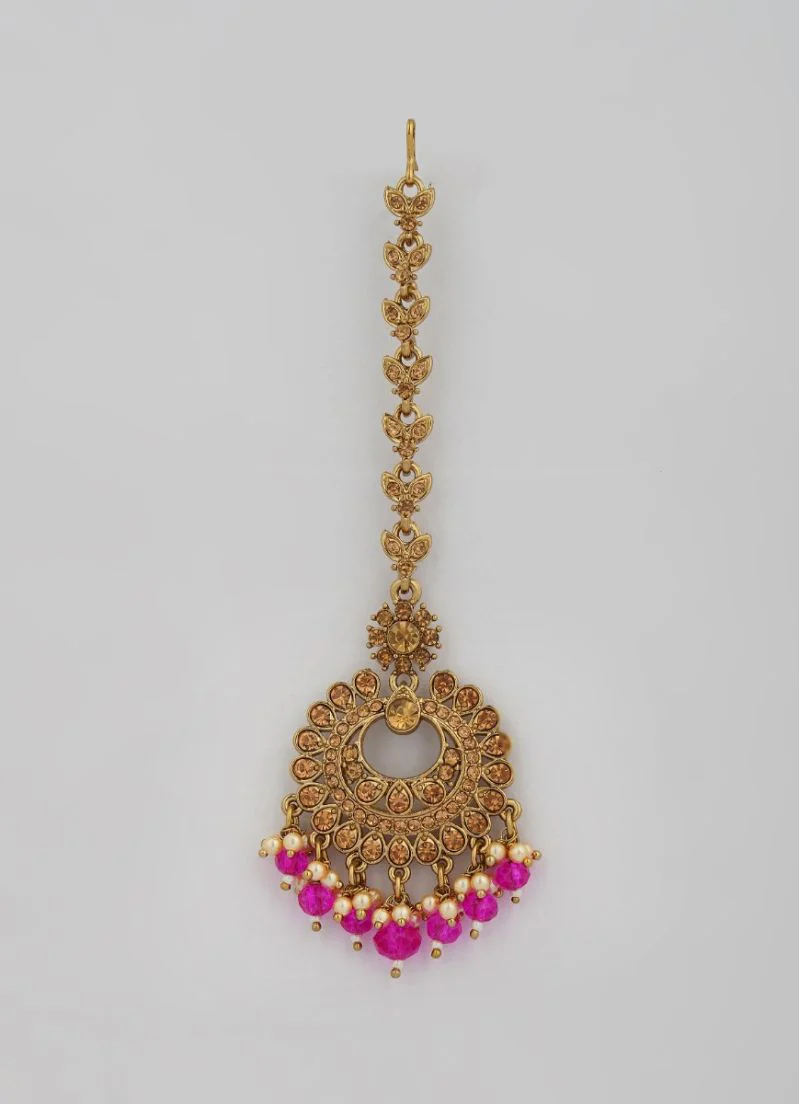 Pink Crystal Pearl Earring and Tikka Set - Image 3