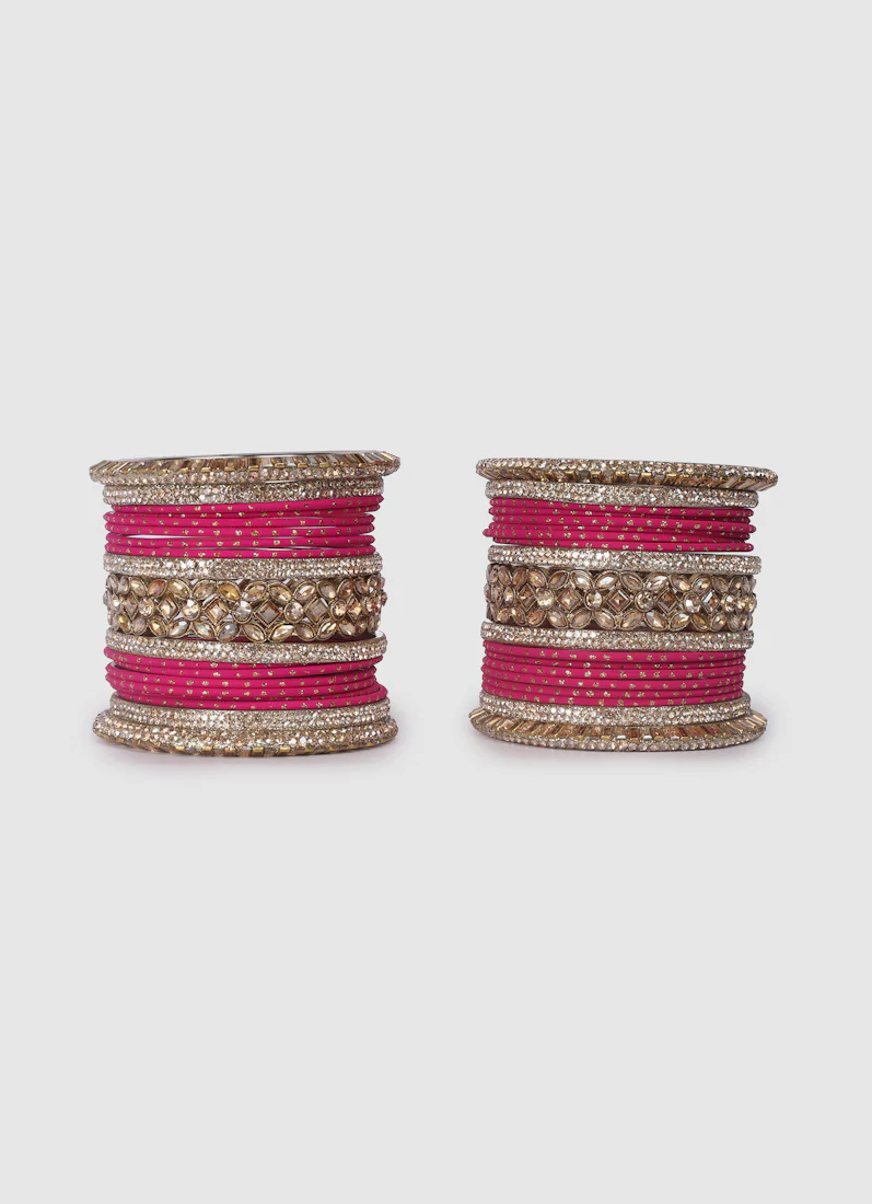 Pink Diamante Kara Double Bangle Set for Women - Bridal Wedding & Festive Ethnic Jewellery - Image 2