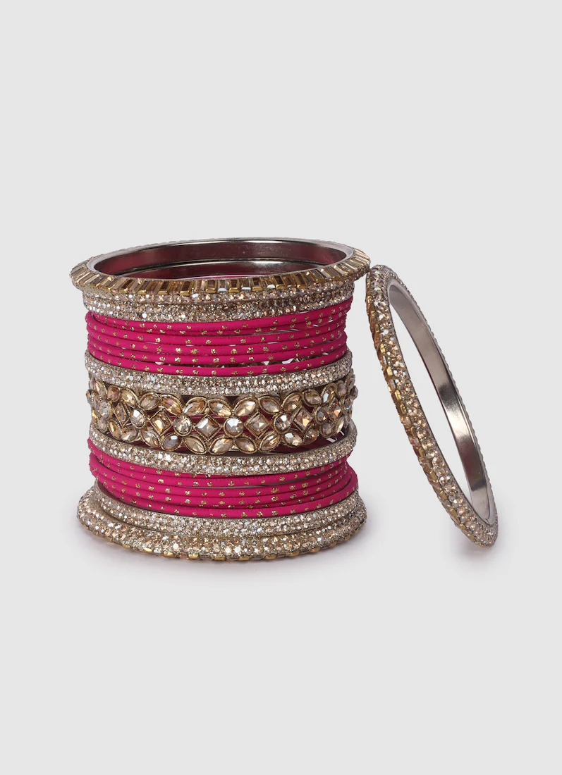 Pink Diamante Kara Double Bangle Set for Women - Bridal Wedding & Festive Ethnic Jewellery - Image 3