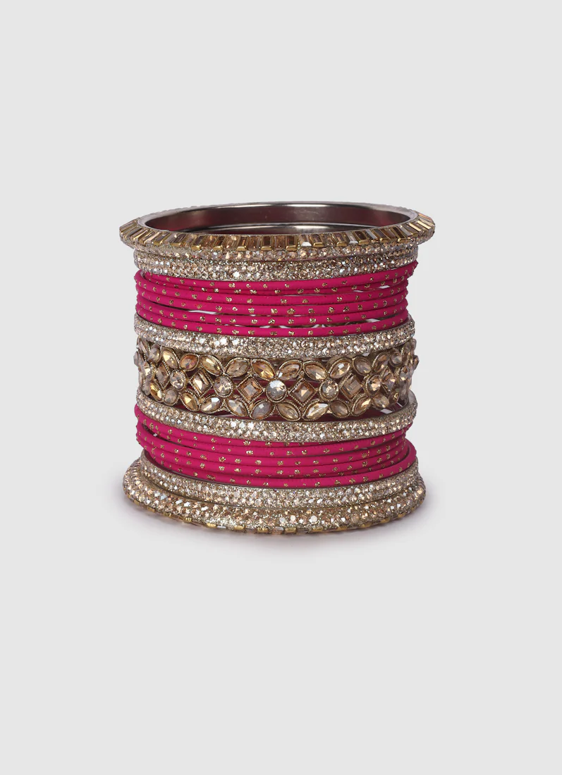 Pink Diamante Kara Double Bangle Set for Women - Bridal Wedding & Festive Ethnic Jewellery - Image 4