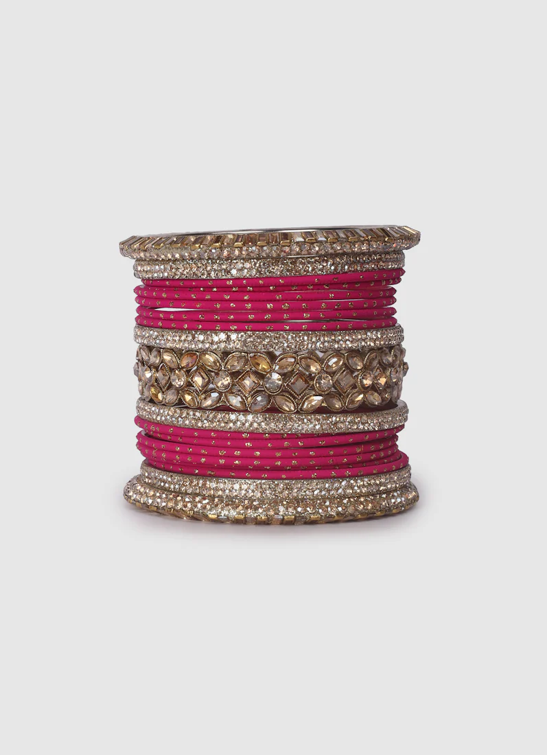Pink Diamante Kara Double Bangle Set for Women - Bridal Wedding & Festive Ethnic Jewellery - Image 5