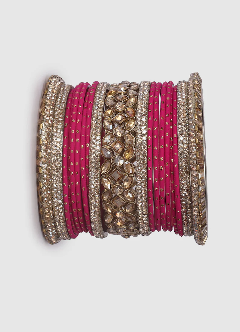 Pink Diamante Kara Double Bangle Set for Women - Bridal Wedding & Festive Ethnic Jewellery - Image 6