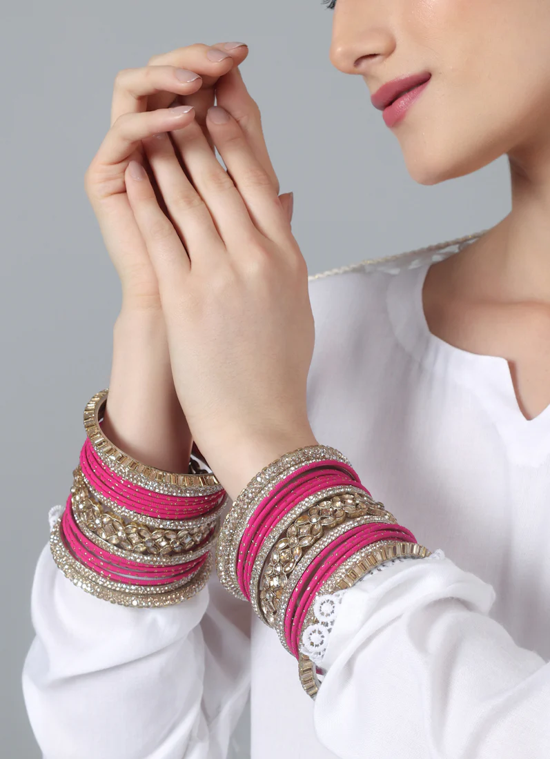 Pink Diamante Kara Double Bangle Set for Women - Bridal Wedding & Festive Ethnic Jewellery - Image 7