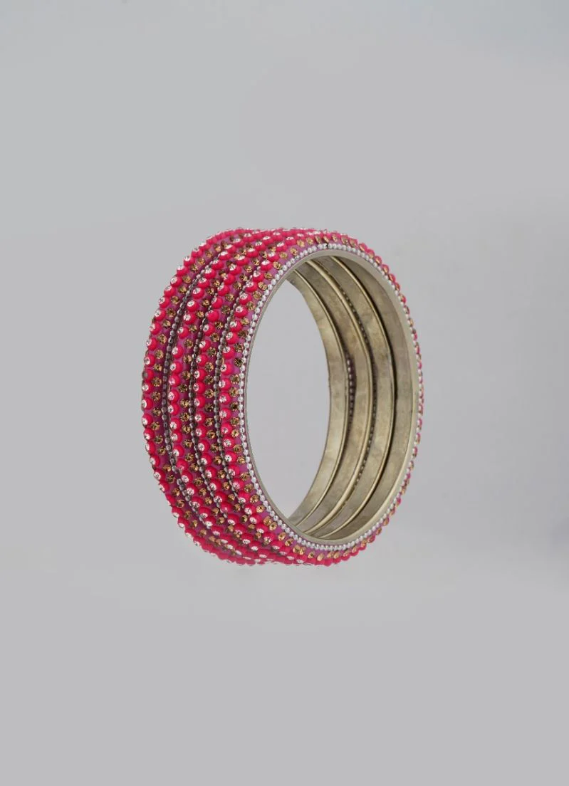 Pink Enamel Banglese Diamonte & Silver Detail Wedding Jewellery Set - Image 2