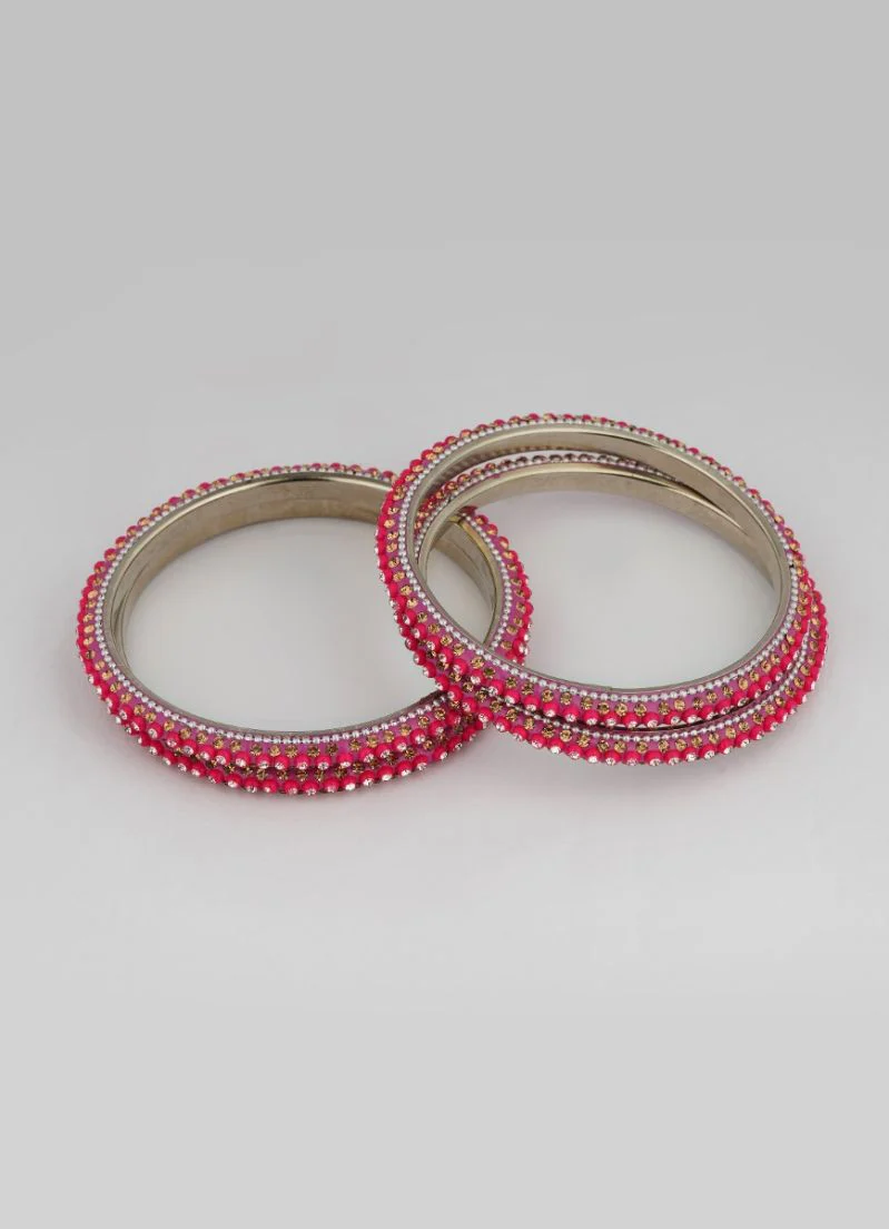 Pink Enamel Banglese Diamonte & Silver Detail Wedding Jewellery Set - Image 3