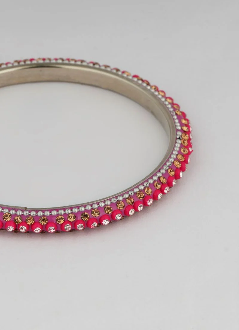 Pink Enamel Banglese Diamonte & Silver Detail Wedding Jewellery Set - Image 4
