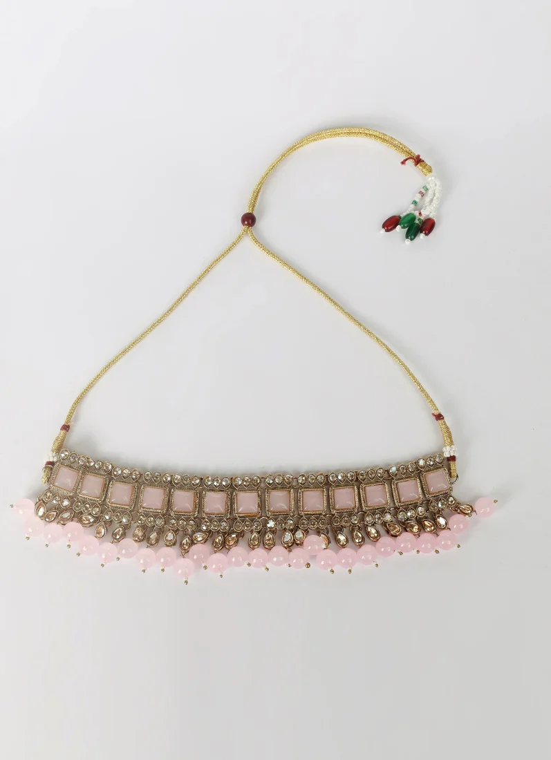 Pink Pearl Choker Necklace Set - Image 3