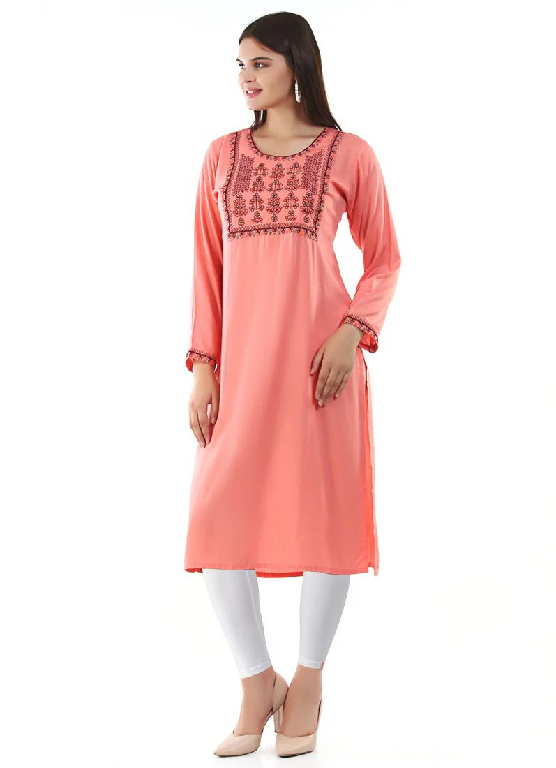 Pink Rayon Kurti Embroidery Top - Image 3