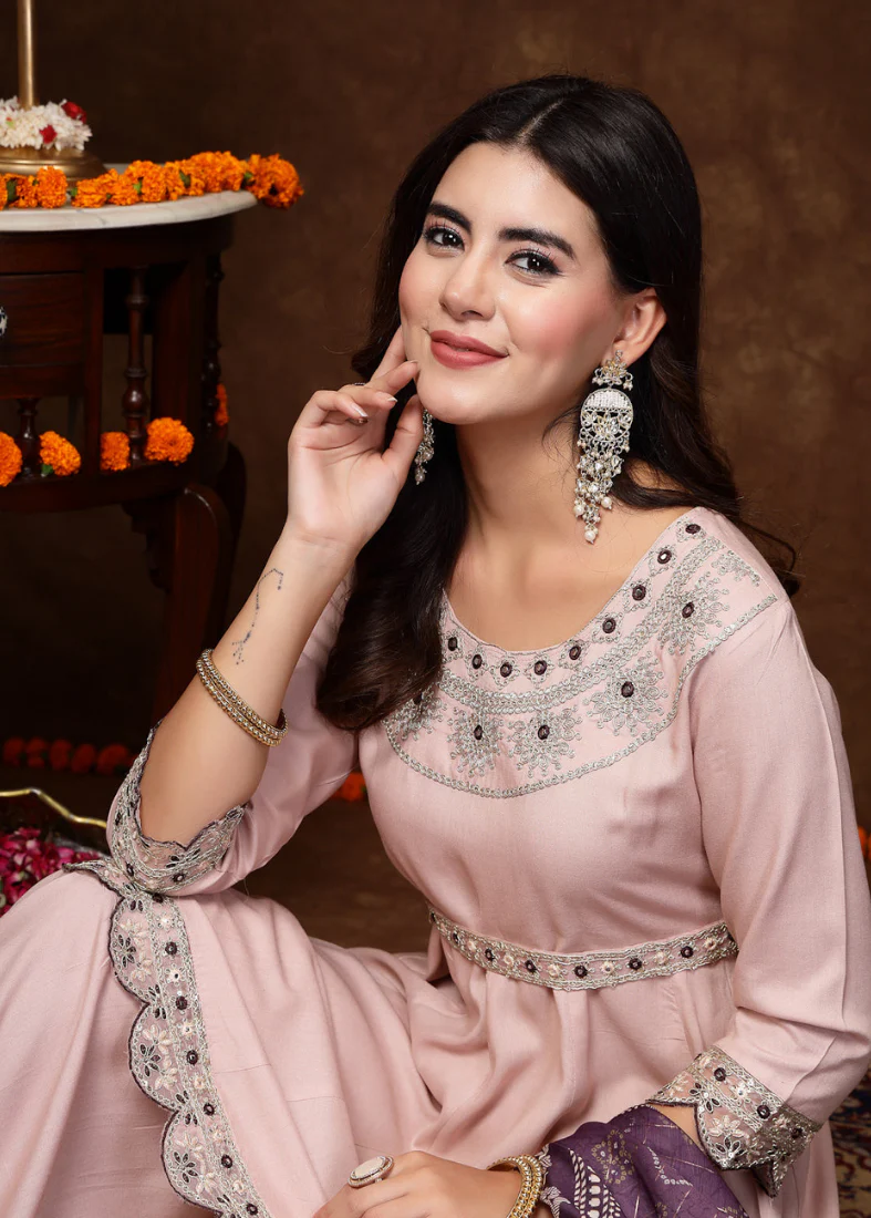 Pink Rayon Peplum Style Sharara Suit Set - Image 2