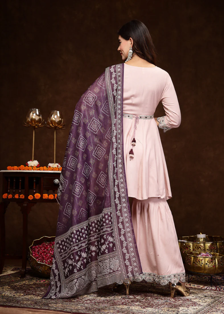 Pink Rayon Peplum Style Sharara Suit Set - Image 3