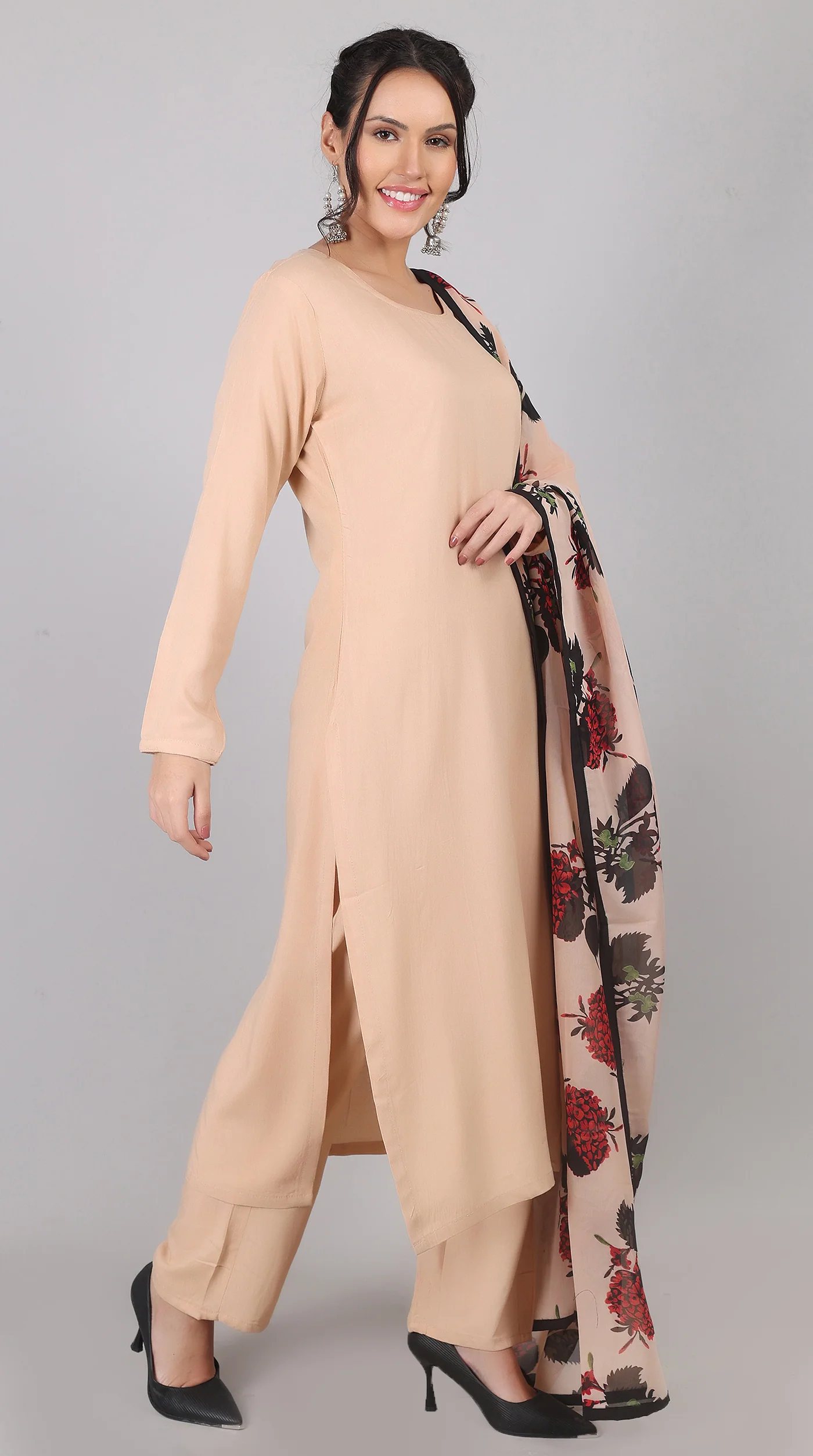 Pink Rayon Straight-Cut Kurta Set with Contrast Dupatta - Image 5