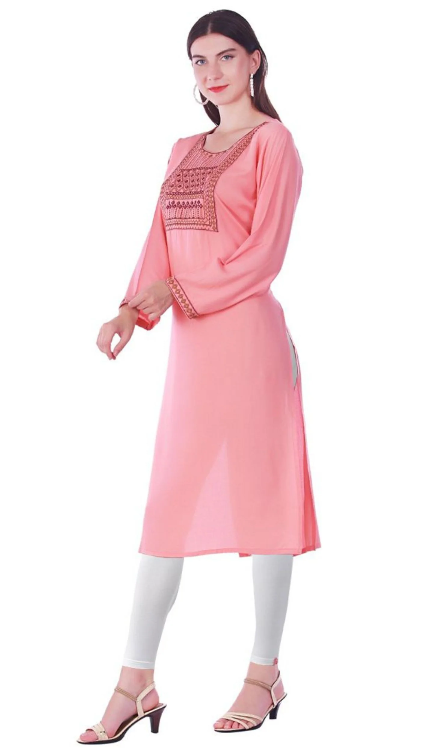 Pink Rayon Straight Embroidered Kurti - Image 3
