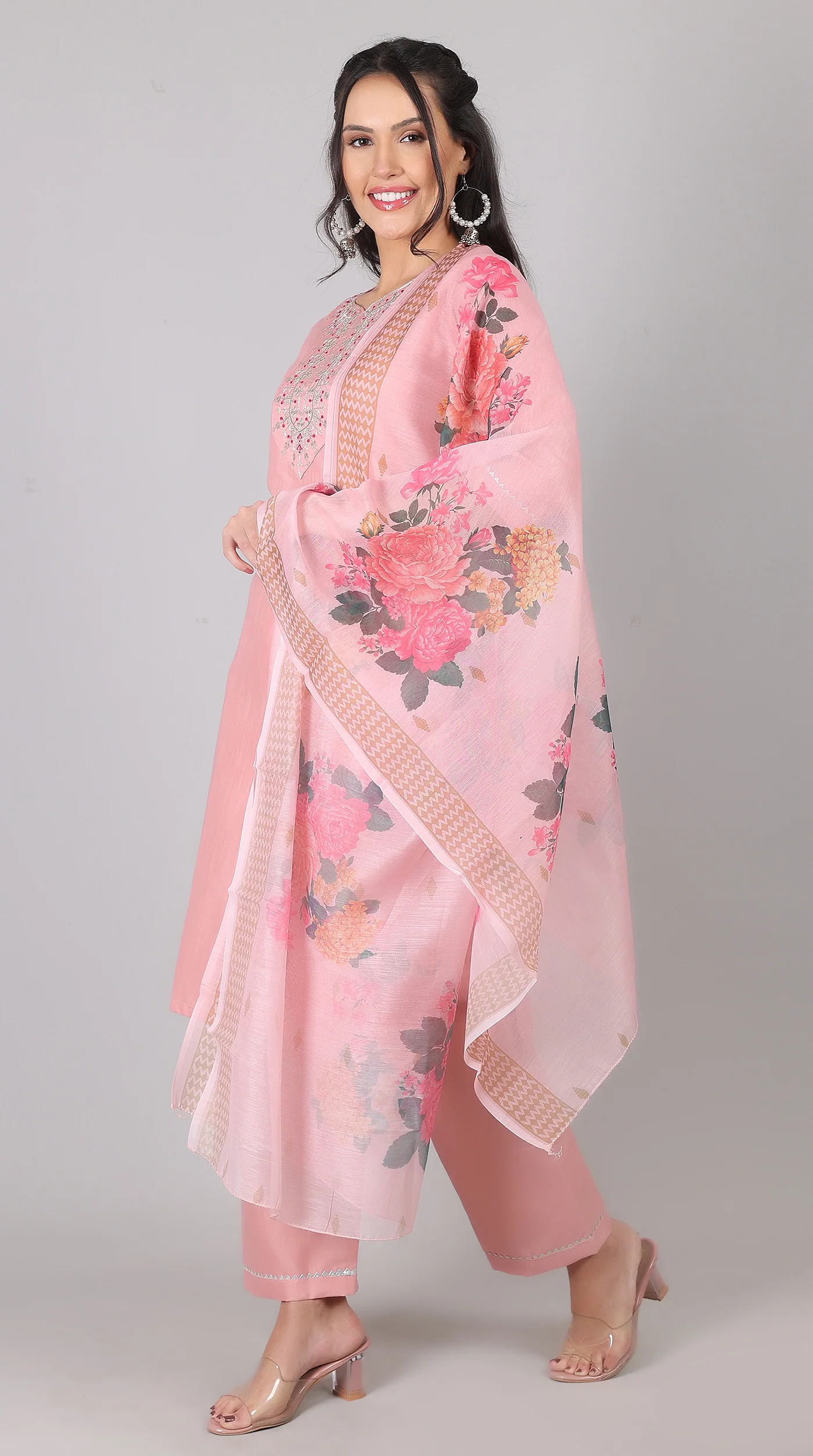 Pink Rayon Zari Embroidered Kurta Set with Printed Organza Dupatta - Image 2