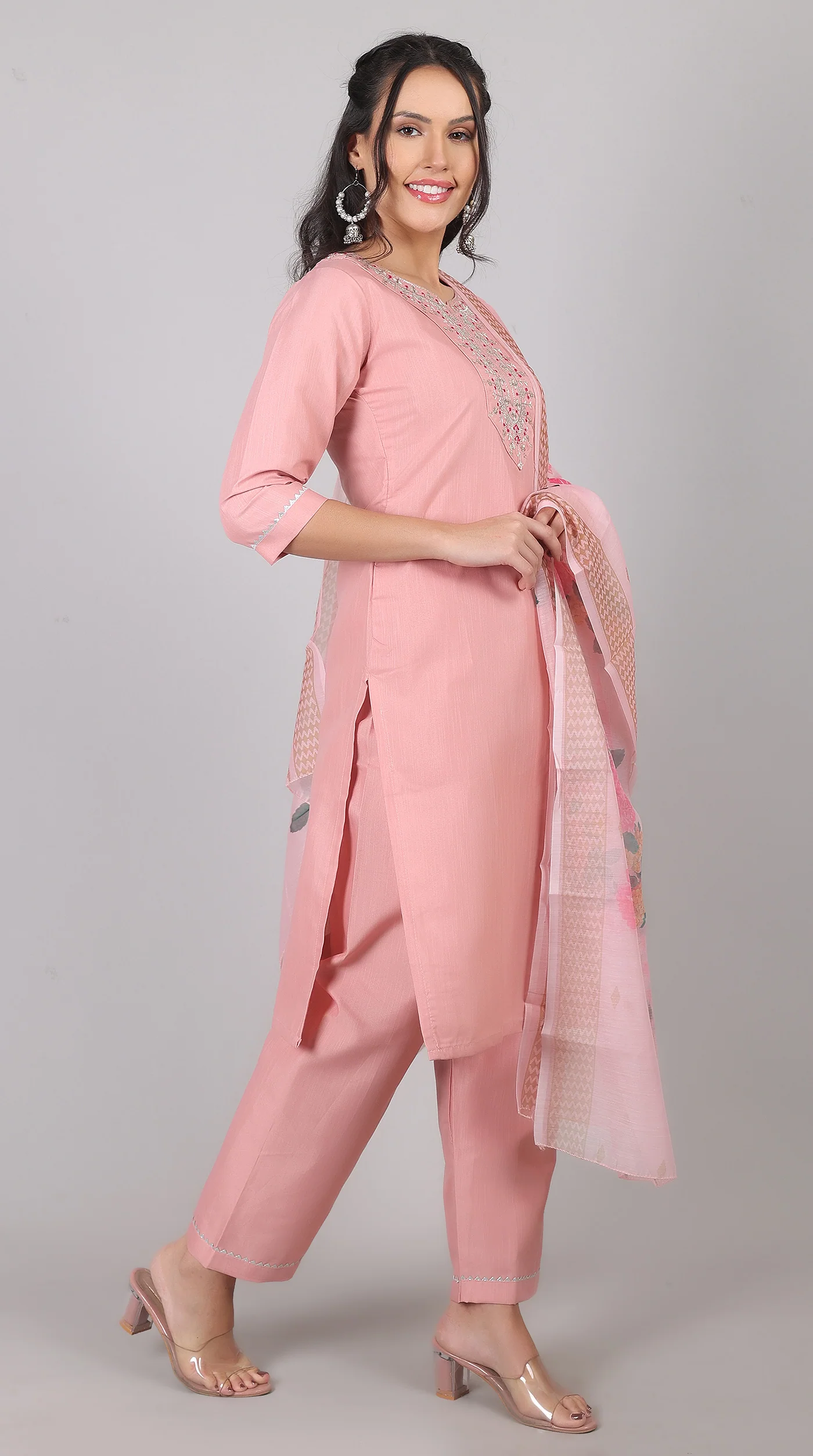 Pink Rayon Zari Embroidered Kurta Set with Printed Organza Dupatta - Image 3
