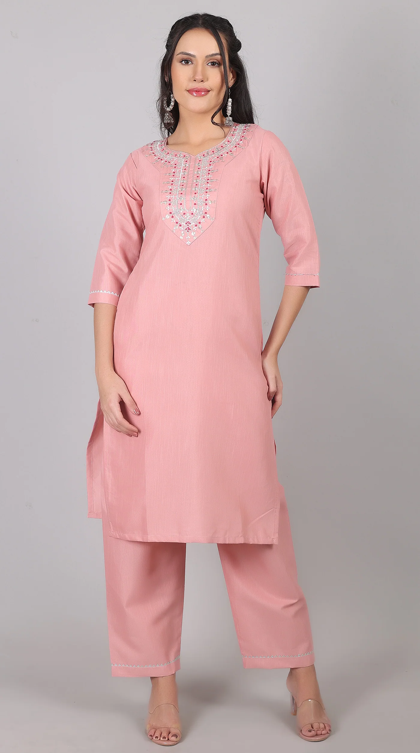 Pink Rayon Zari Embroidered Kurta Set with Printed Organza Dupatta - Image 4