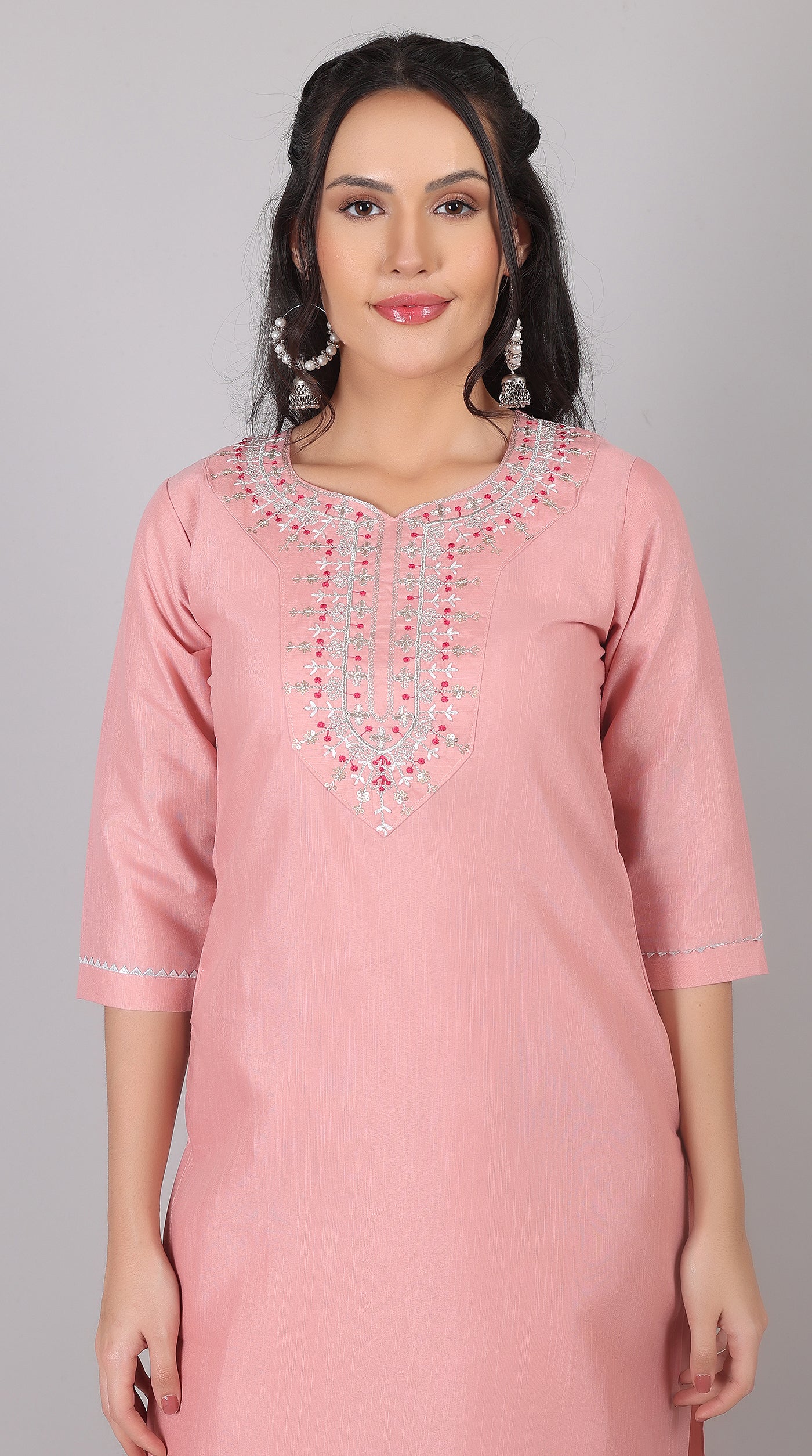 Pink Rayon Zari Embroidered Kurta Set with Printed Organza Dupatta - Image 5