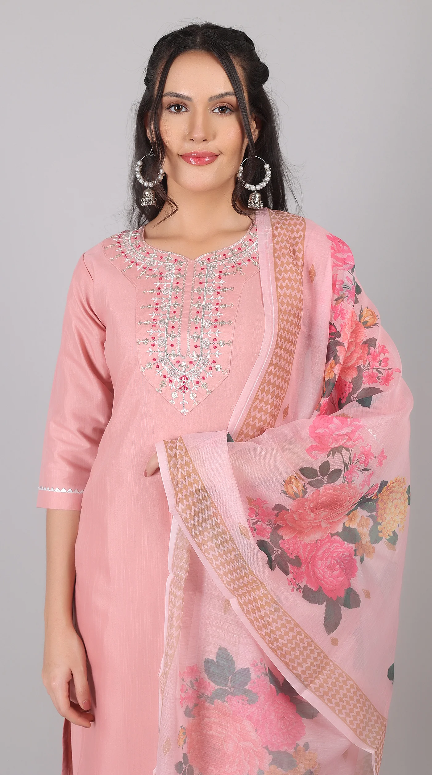 Pink Rayon Zari Embroidered Kurta Set with Printed Organza Dupatta - Image 6