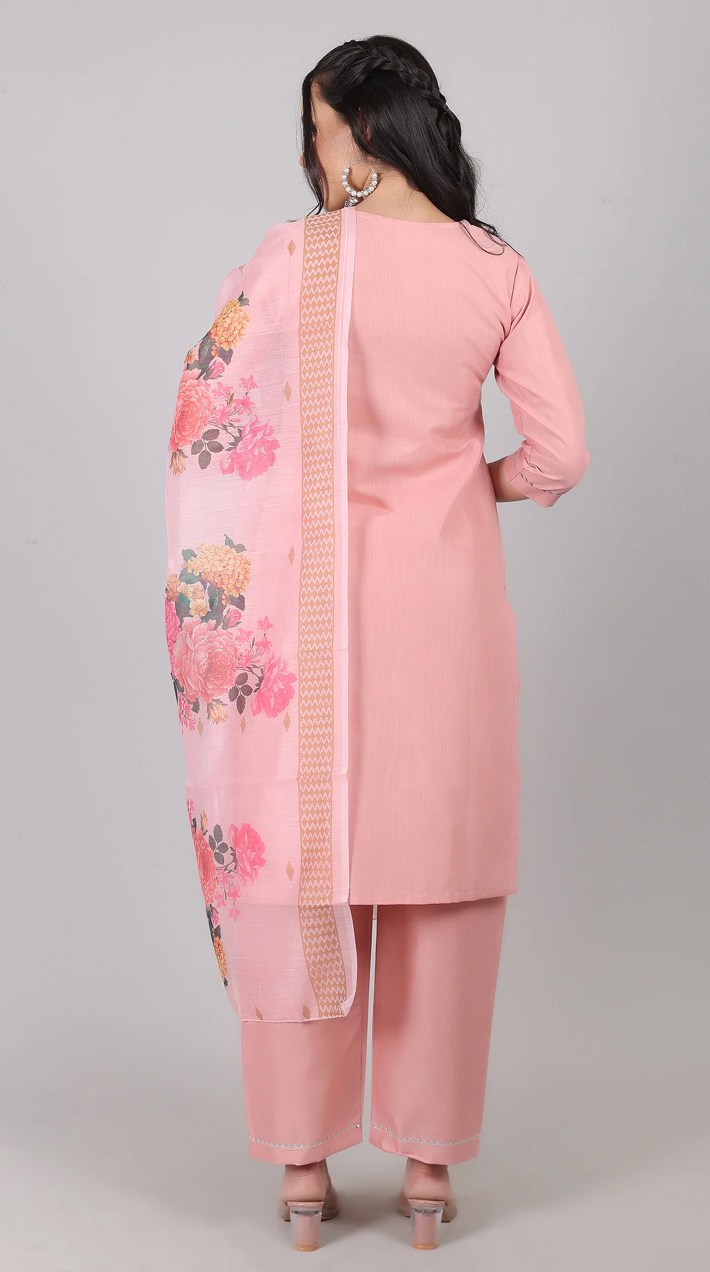 Pink Rayon Zari Embroidered Kurta Set with Printed Organza Dupatta - Image 7