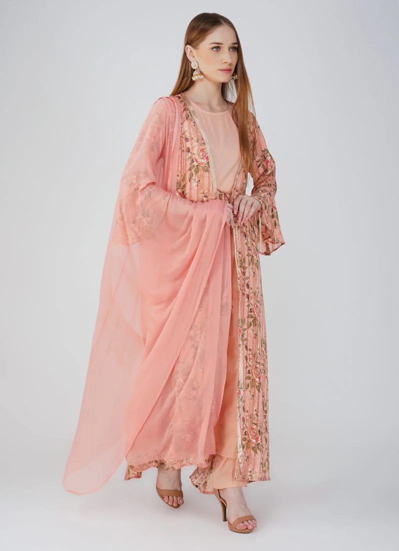 Pink Satin Georgette Jacket Style Suit Set - Image 3