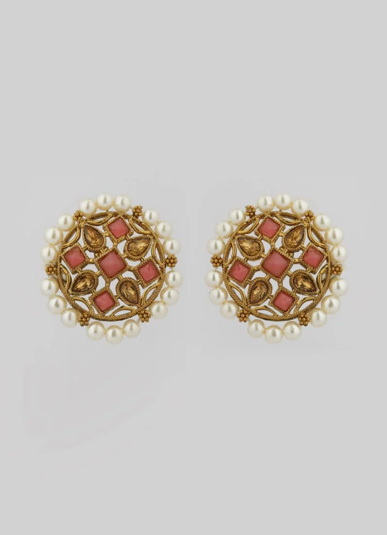 Pink Stone Pearl Necklace Tikka Set - Image 3