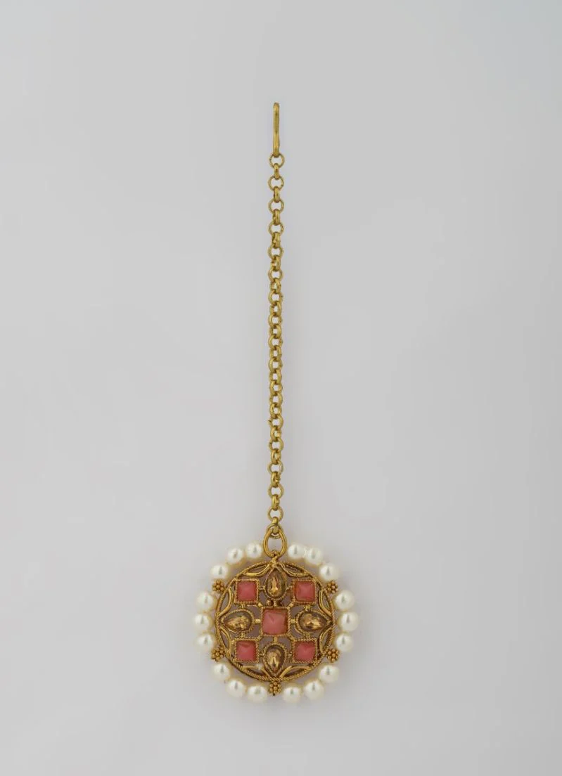 Pink Stone Pearl Necklace Tikka Set - Image 4