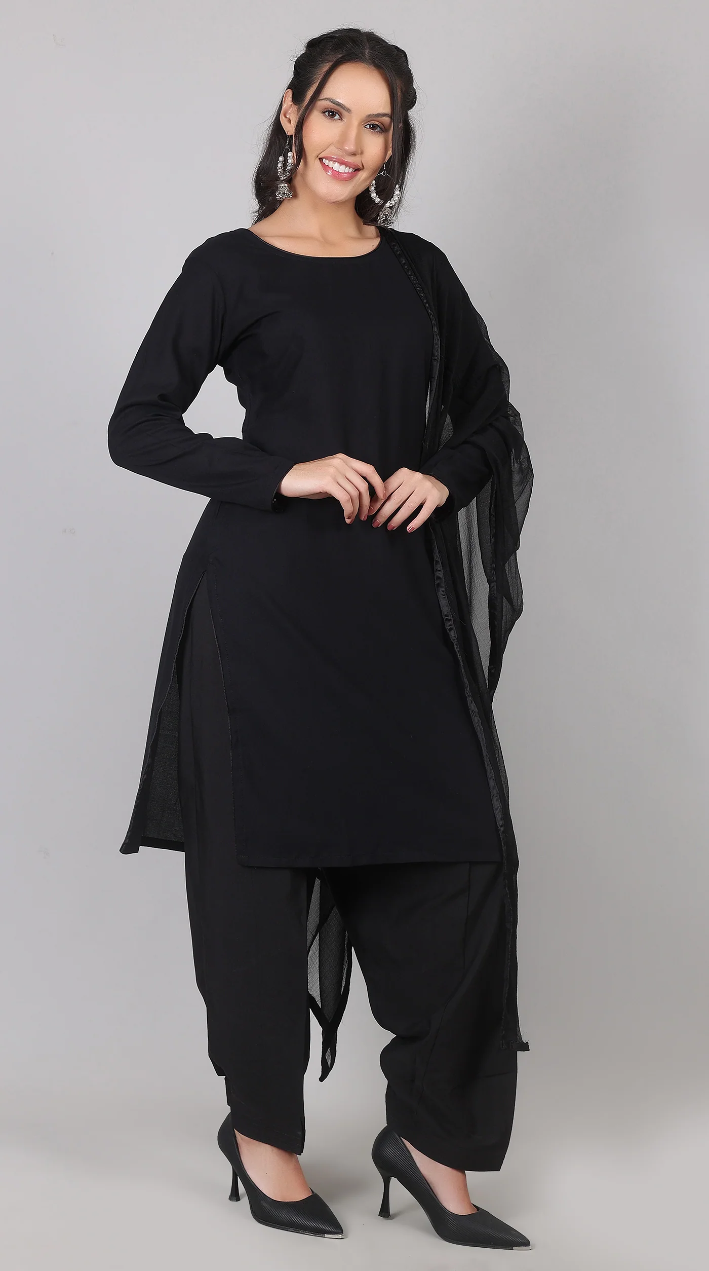 Plain Black Rayon Suit Set with Chiffon Dupatta - Image 2