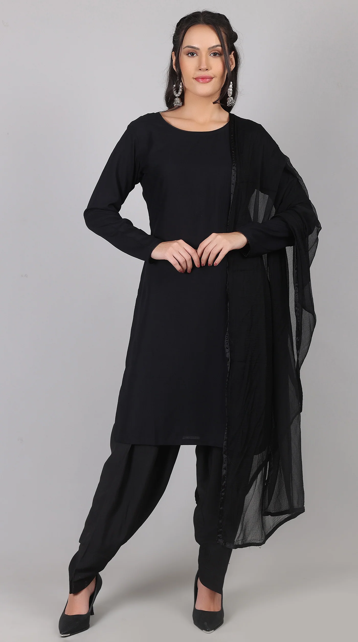 Plain Black Rayon Suit Set with Chiffon Dupatta - Image 3