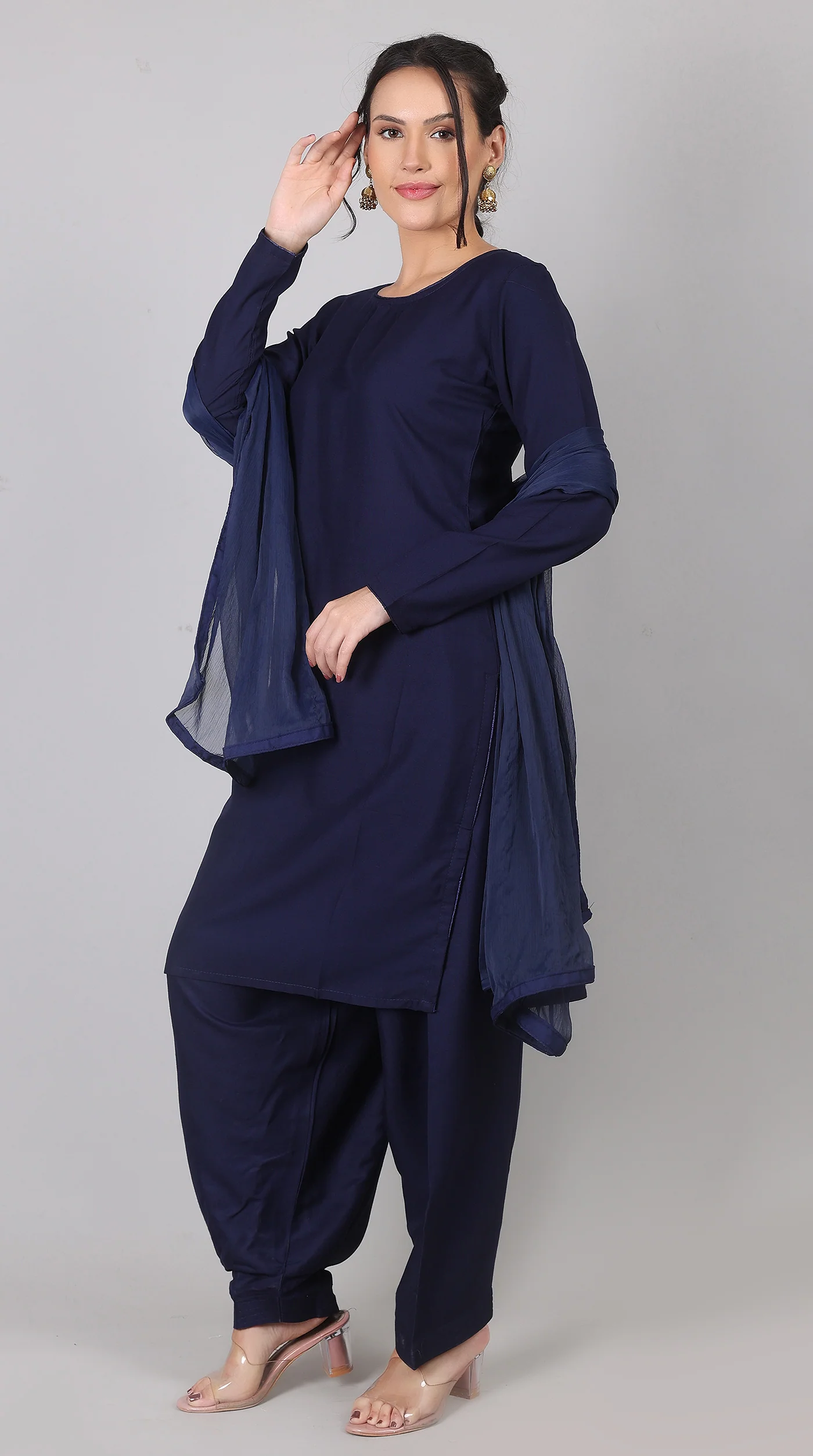 Plain Navy Blue Rayon Suit Set with Chiffon Dupatta - Image 2