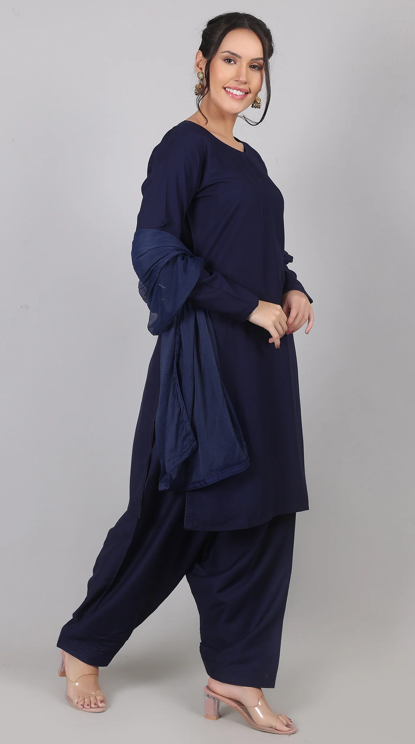 Plain Navy Blue Rayon Suit Set with Chiffon Dupatta - Image 3