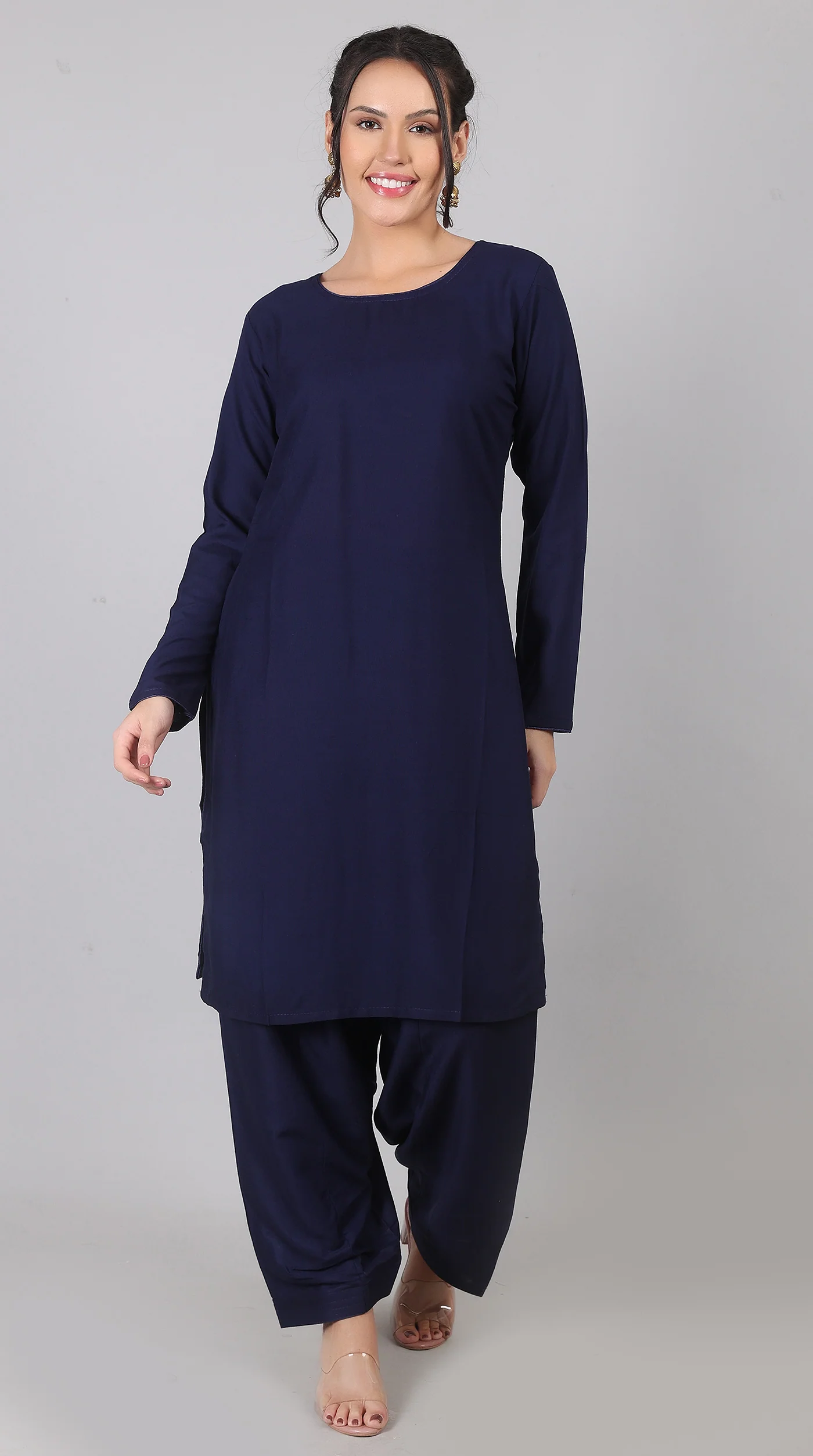 Plain Navy Blue Rayon Suit Set with Chiffon Dupatta - Image 4