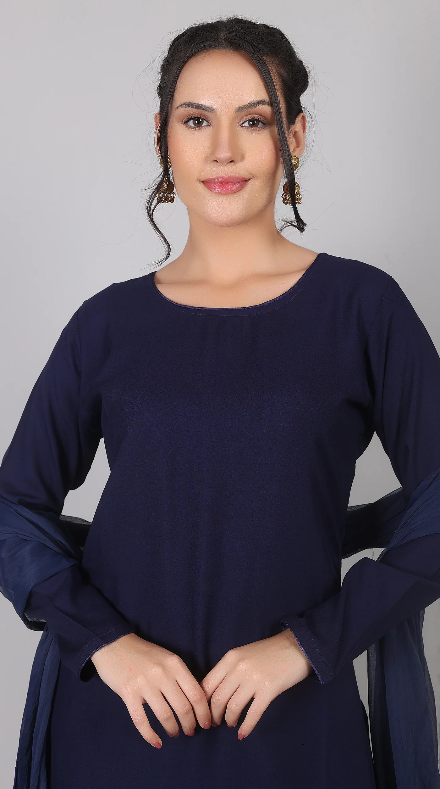 Plain Navy Blue Rayon Suit Set with Chiffon Dupatta - Image 6
