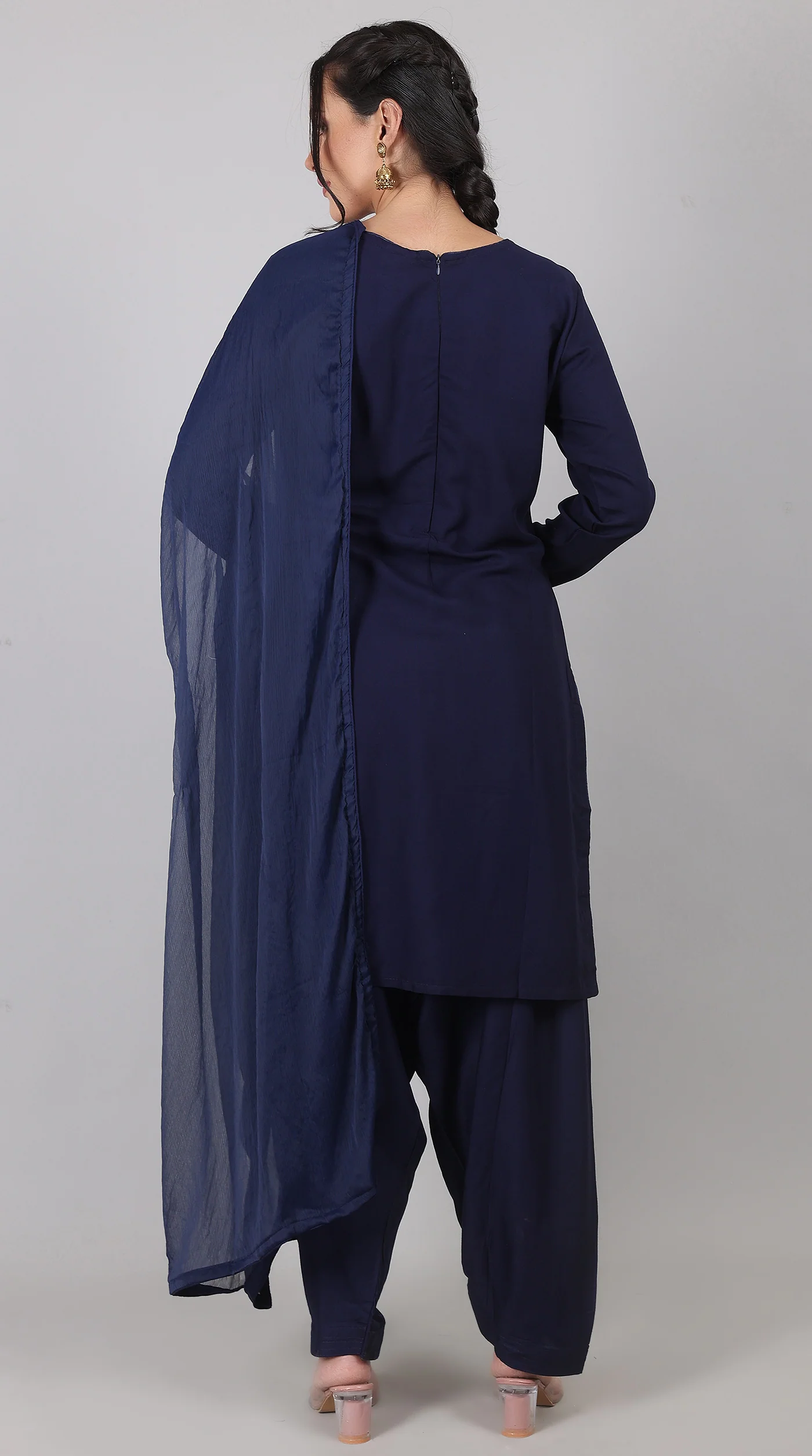 Plain Navy Blue Rayon Suit Set with Chiffon Dupatta - Image 7
