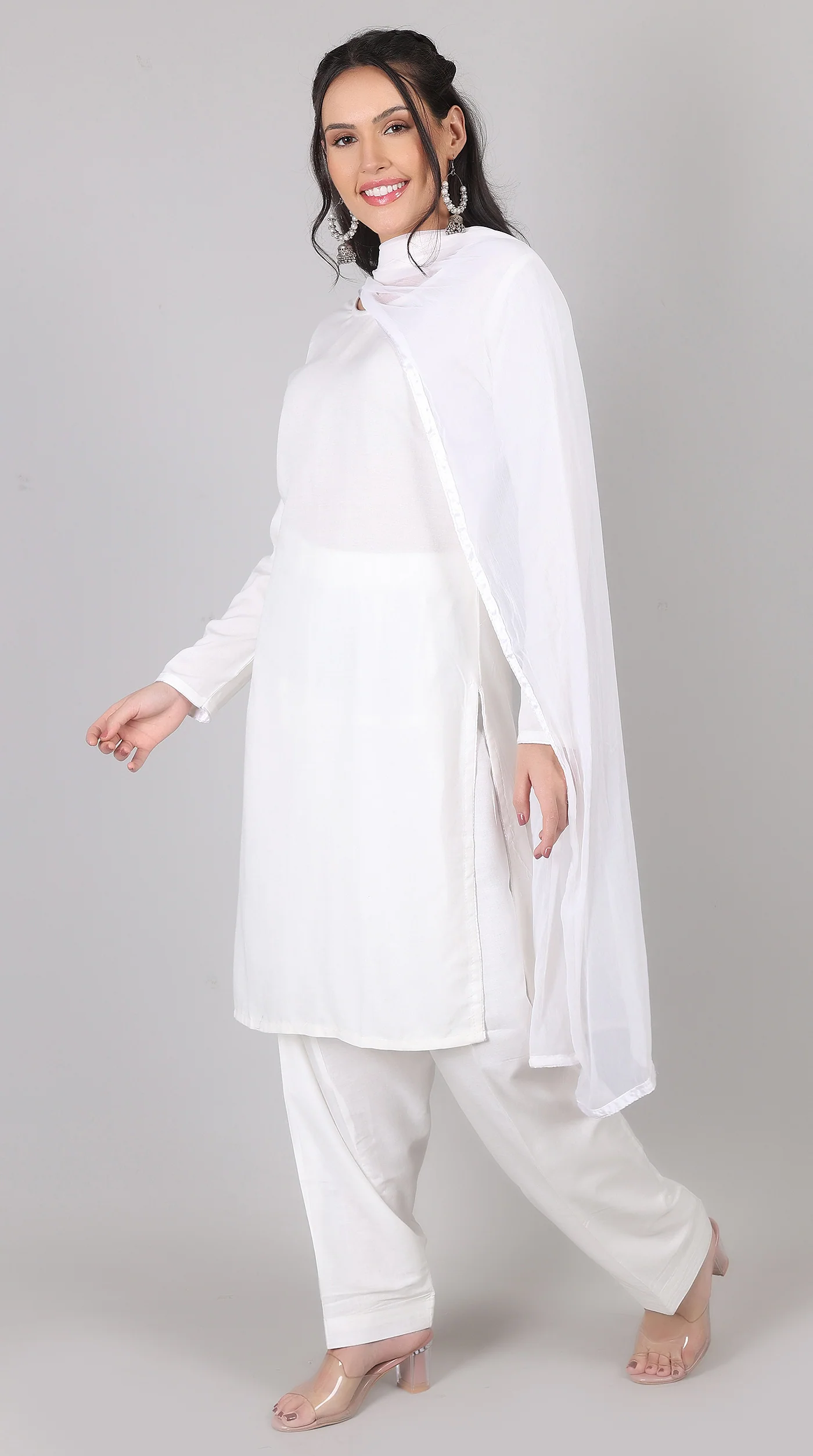 Plain White Rayon Suit Set with Chiffon Dupatta - Image 2