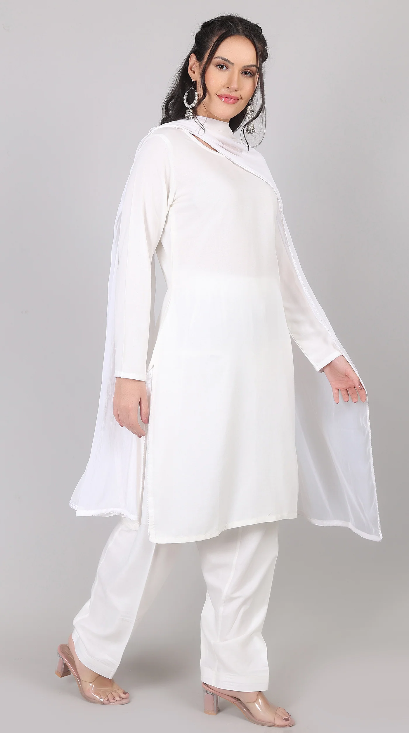 Plain White Rayon Suit Set with Chiffon Dupatta - Image 3
