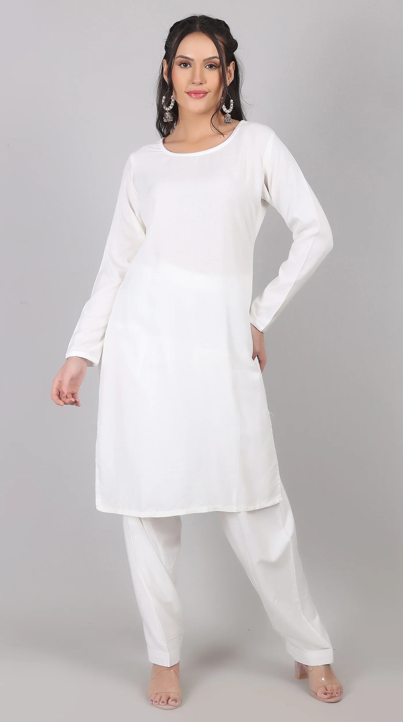 Plain White Rayon Suit Set with Chiffon Dupatta - Image 4