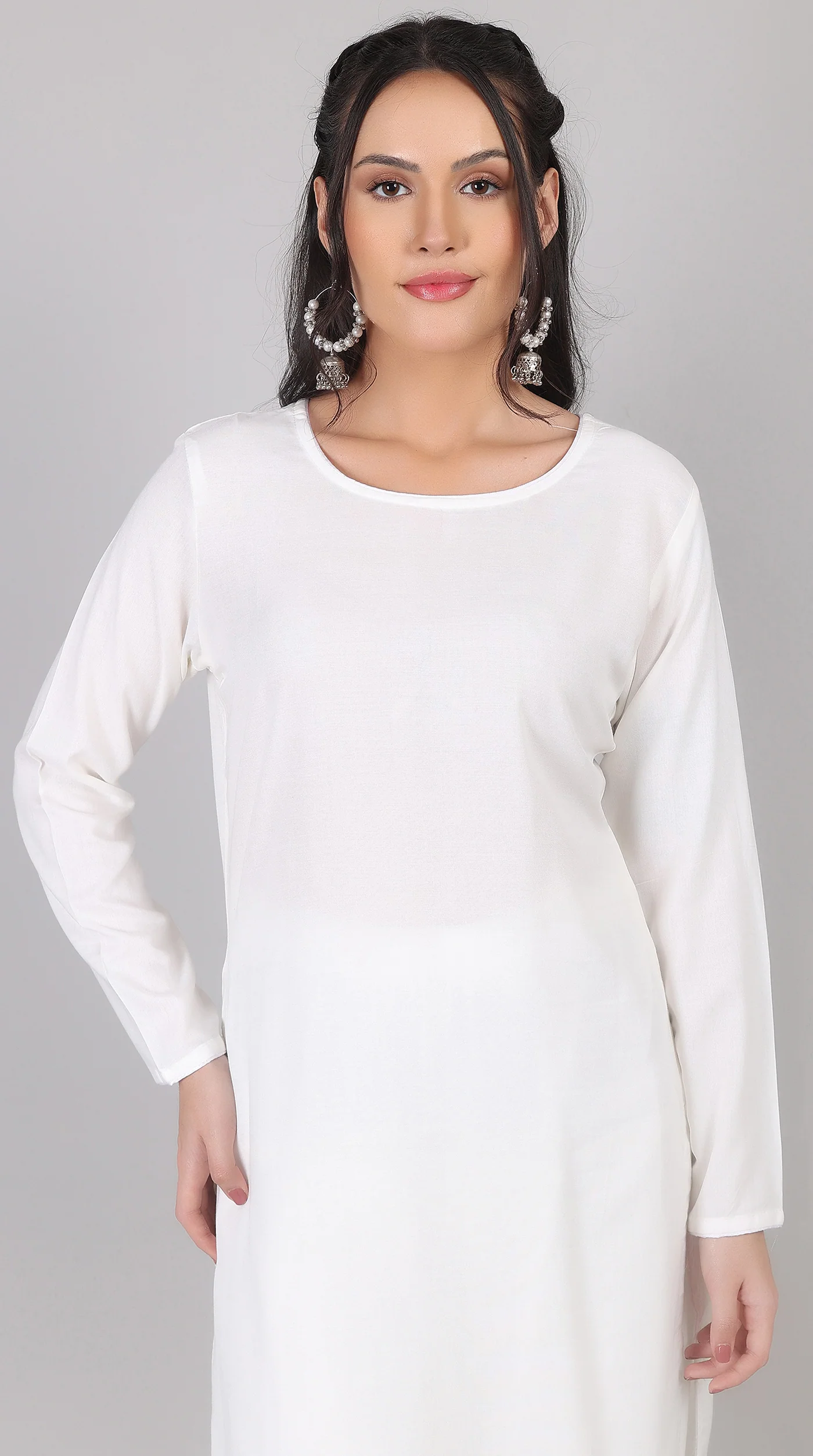 Plain White Rayon Suit Set with Chiffon Dupatta - Image 5