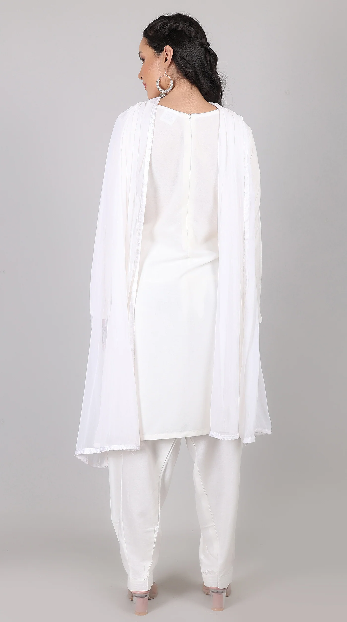 Plain White Rayon Suit Set with Chiffon Dupatta - Image 7