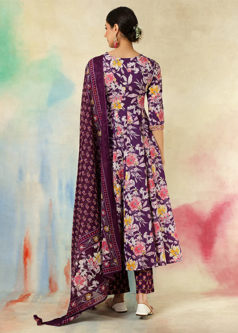 Purple Cotton Printed Flared Suit Set - Image 2