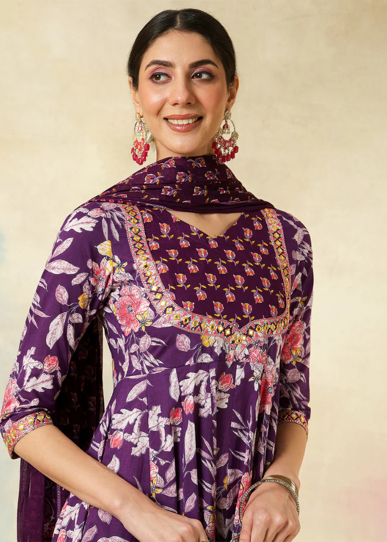 Purple Cotton Printed Flared Suit Set - Image 3