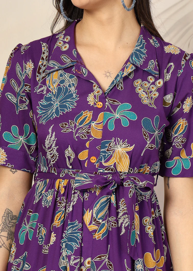 Purple Cotton Shirt Style Dress - Image 3