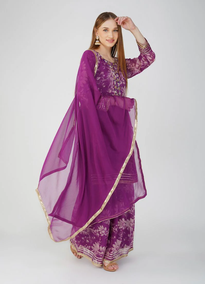 Purple Georgette Printed Suit Set - Image 3