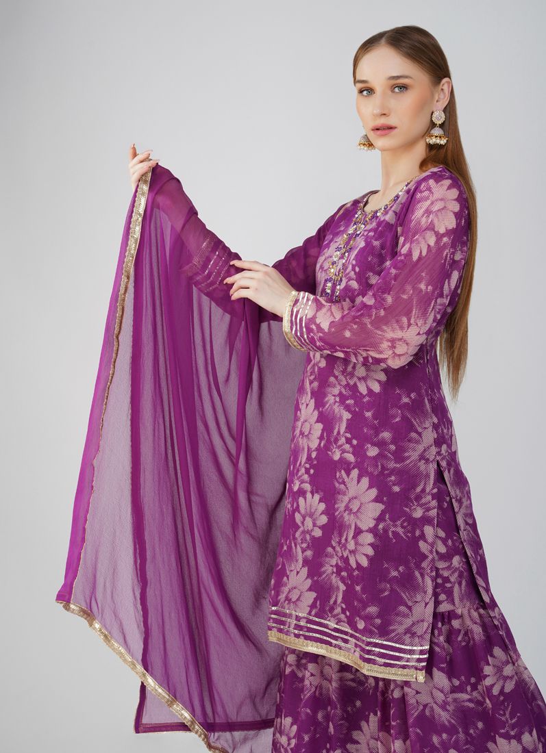 Purple Georgette Printed Suit Set - Image 4