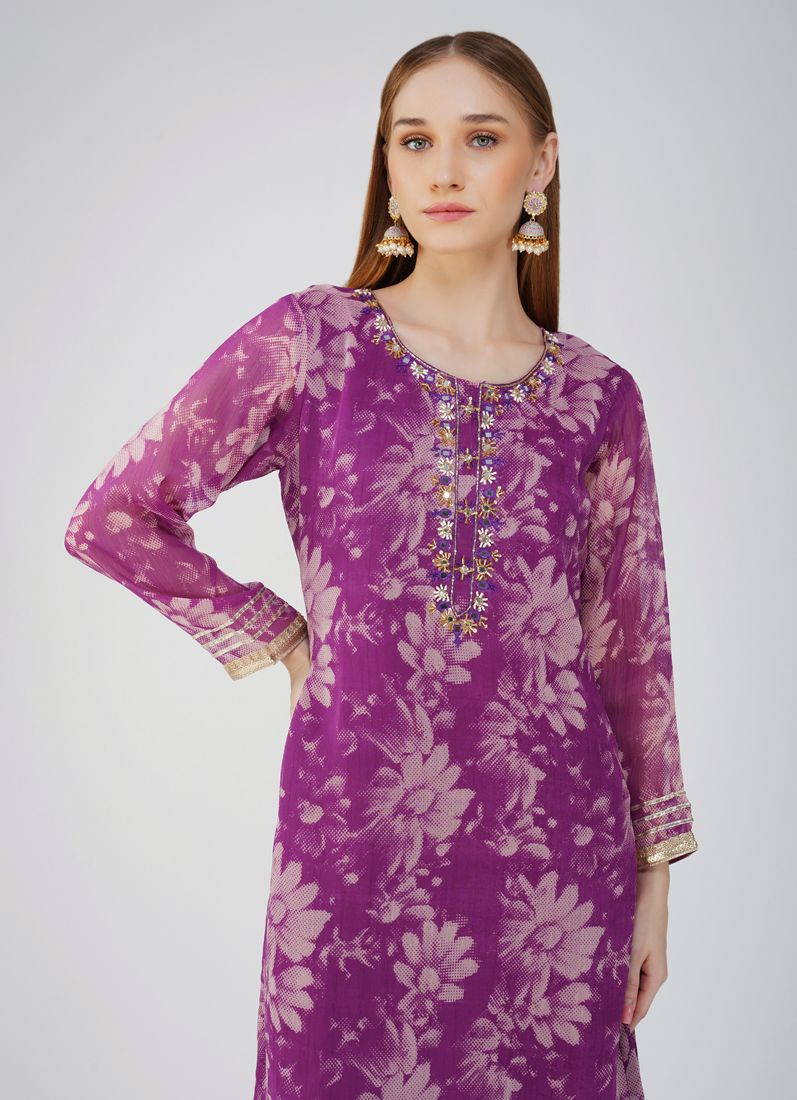 Purple Georgette Printed Suit Set - Image 5