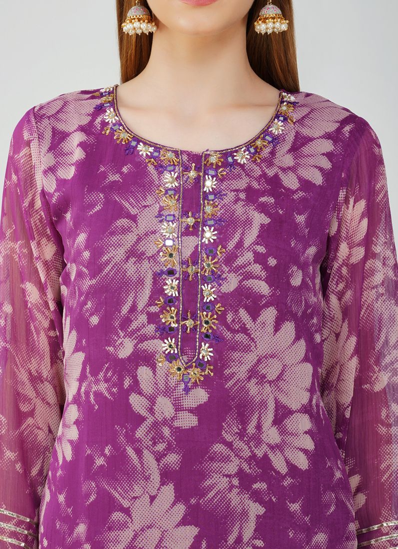 Purple Georgette Printed Suit Set - Image 6