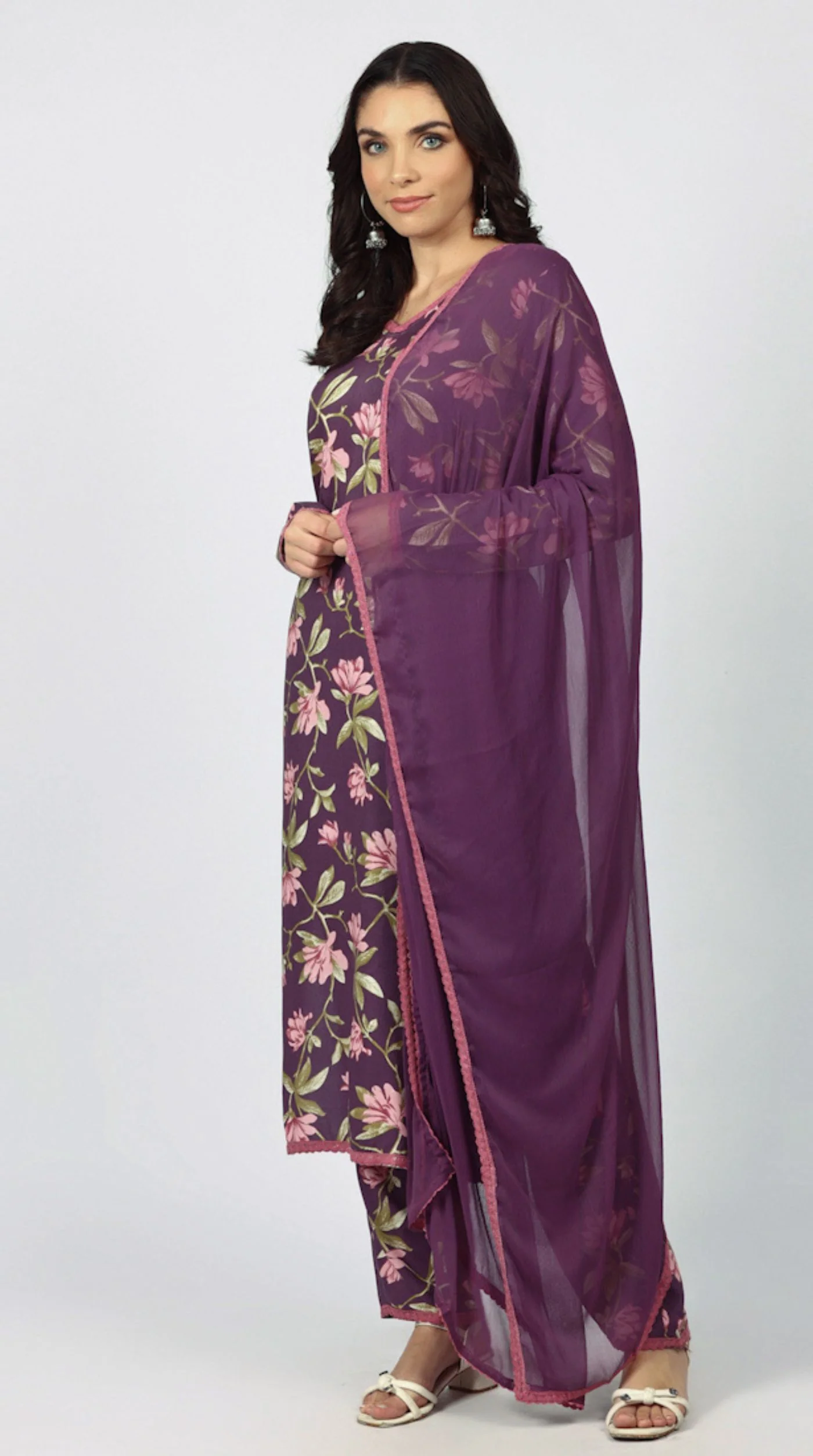 Purple Rayon Floral Printed Suit Set - Image 2