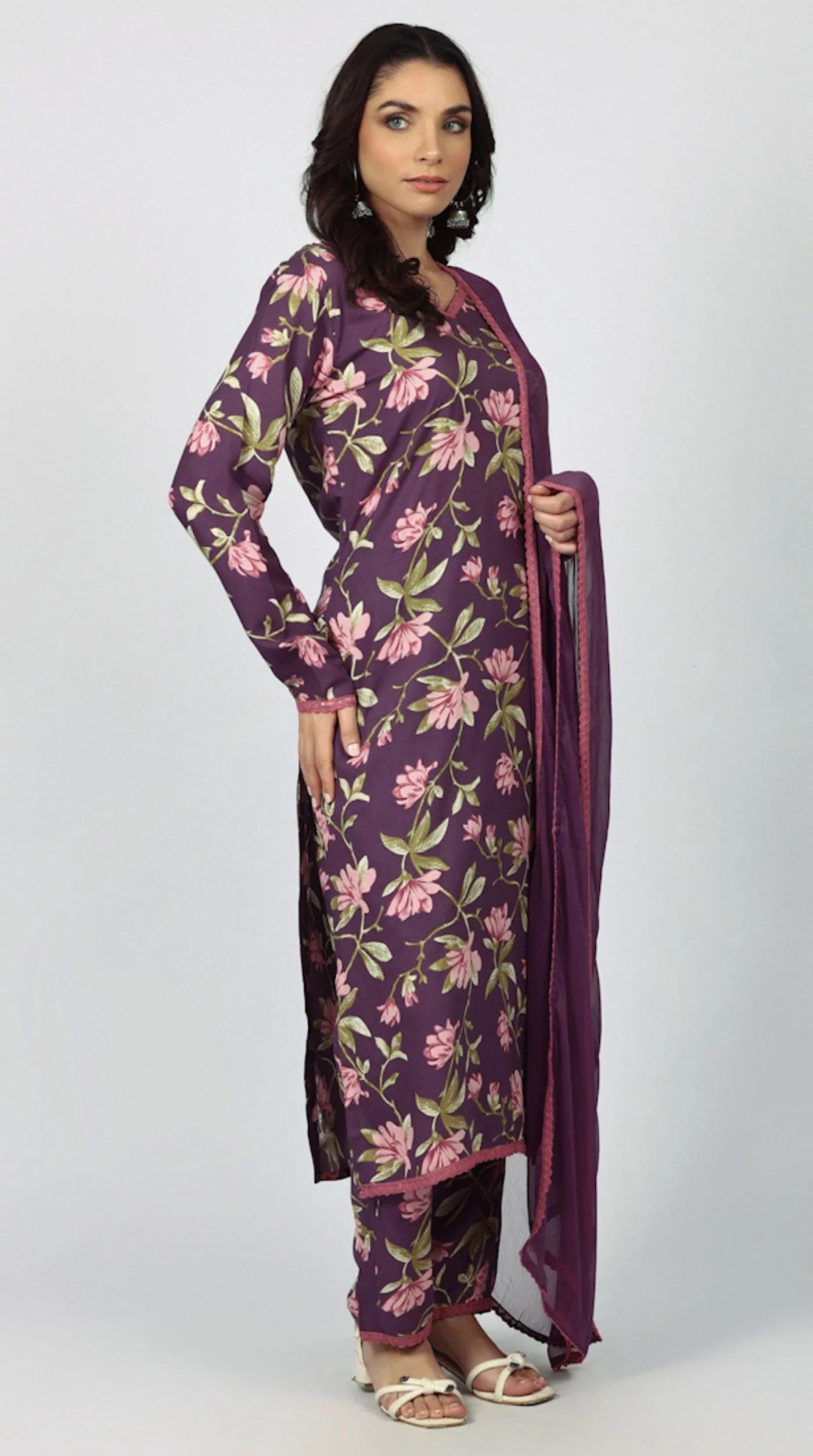 Purple Rayon Floral Printed Suit Set - Image 3