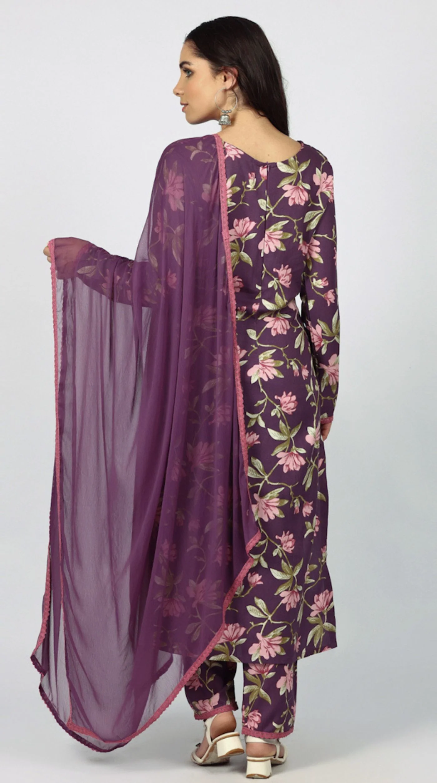 Purple Rayon Floral Printed Suit Set - Image 4